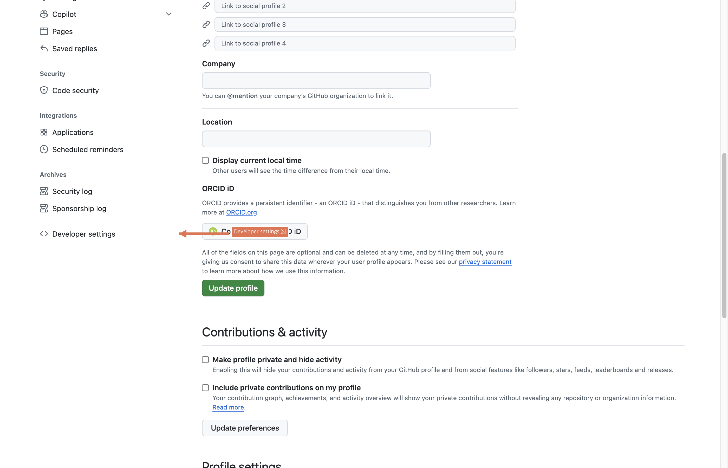 Settings 페이지 좌측 메뉴 맨 아래 Developer settings
